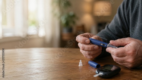 A person prepares an insulin pen and blood glucose meter, signifying a moment of self-care and health management at home.
