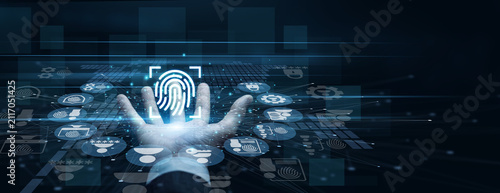Картината върху платно Security expert handhold Biometric icon glowing with fingerprint scanner