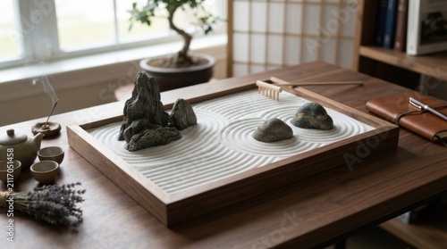 Minimal Japanese Zen Garden With Raked Sand and Stones