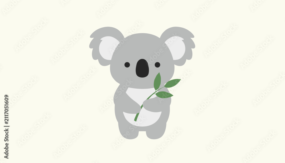 Fototapeta premium Simple flat illustration of a gray koala bear holding a green bamboo branch against a light cream colored background.