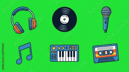 Flat Animated Music Icons on Green Screen Background