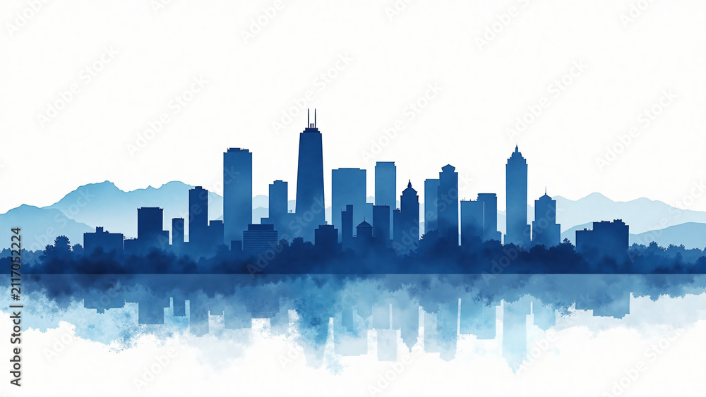 Obraz premium Blue watercolor Denver skyline silhouette with Rocky Mountains in background on white