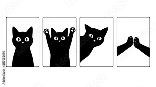 Four-panel minimal black cat illustrations showing playful expressive gestures.