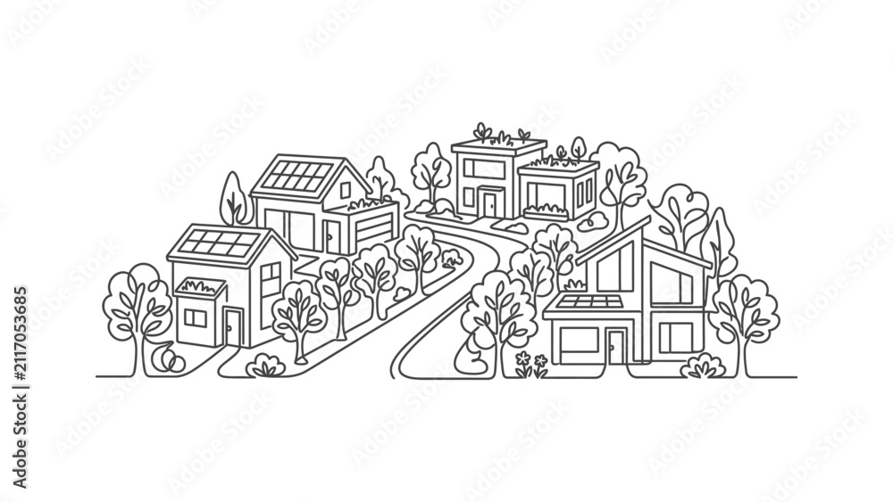 Obraz premium Eco Friendly Neighborhood Houses With Solar Panels And Green Roofs Minimalist Drawing