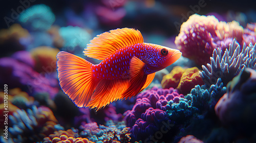 Vibrant neon orange fish swimming among colorful coral reef underwater in the ocean
