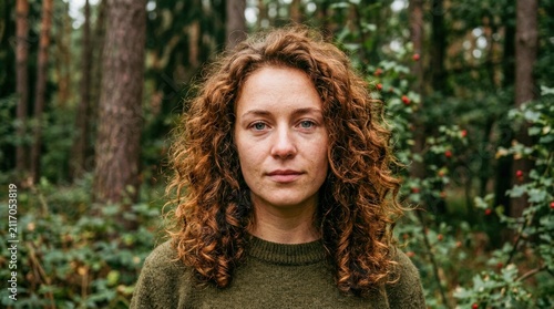 Woman with curly hair in a green forest.