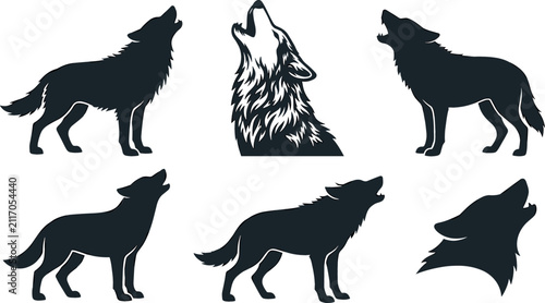 Quadro su tela Howling Wolf Silhouette Collection Vector Featuring Solid Black Wild Timberwolf