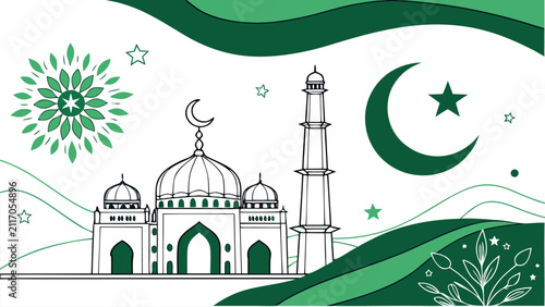Принти на полотні Elegant crescent moon and minaret design with floral accents for cultural celebr
