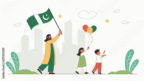 Fotografie Joyful family celebrating national pride with colorful balloons with depicts che