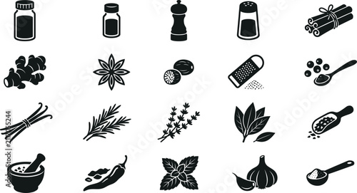 Obraz na płótnie Culinary Kitchen Herbs and Fresh Organic Spice Solid Silhouette Icon Set Featur