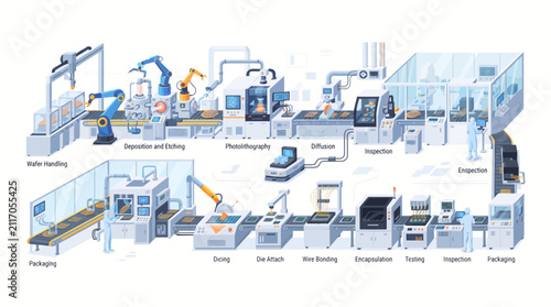 Automated semiconductor wafer manufacturing process flow illustration showing assembly line steps in a modern factory.