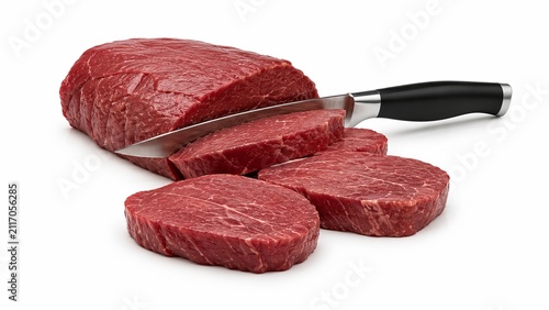 Fresh raw beef steak being sliced with a chef's knife isolated on white background