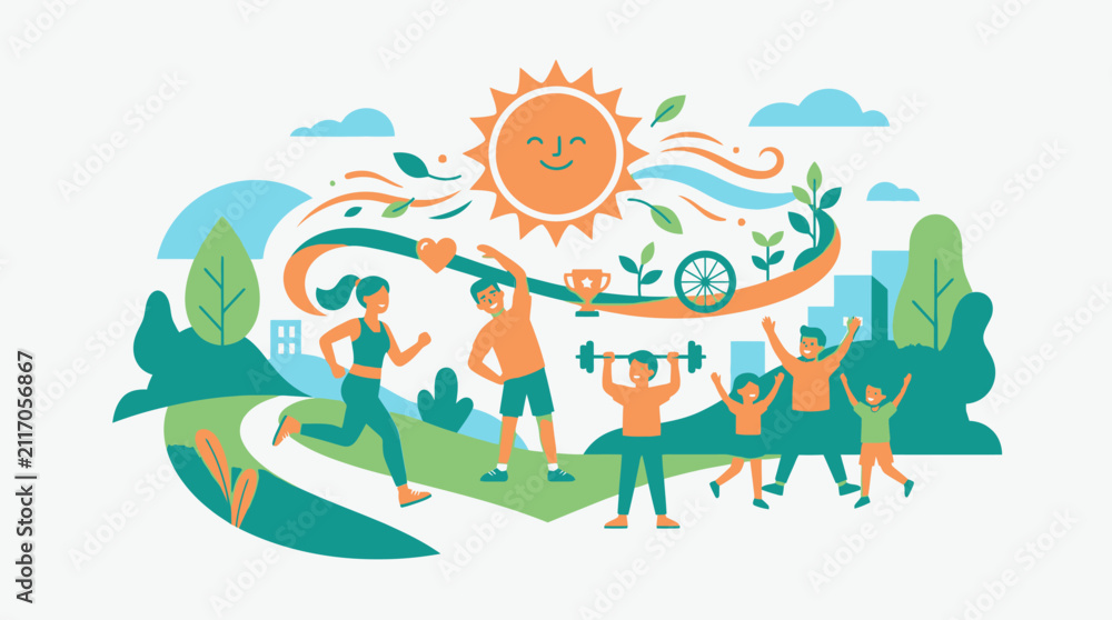 Naklejka premium Healthy lifestyle illustration with people exercising outdoors under a smiling sun and green nature