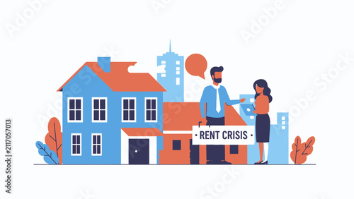 Illustration depicting a man and woman facing a 'Rent Crisis' in an urban setting, symbolizing housing affordability challenges and financial struggles in real estate market.