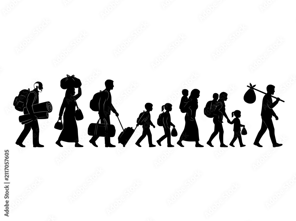 Obraz premium Refugee family silhouette vector, group of migrants walking with luggage, displaced people and homeless immigrants fleeing war and crisis
