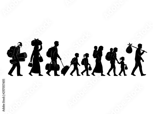 Refugee family silhouette vector, group of migrants walking with luggage, displaced people and homeless immigrants fleeing war and crisis