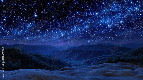 Celestial Wonder: A breathtaking vista of rolling hills under a vibrant starry night sky, with the Milky Way stretching across the celestial expanse.