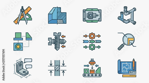 Obraz na płótnie Minimalist Illustrated Icons Set Featuring Precision Tools Engineering Concepts
