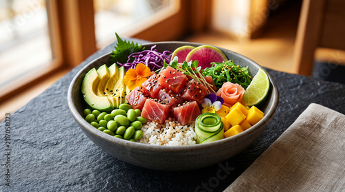 Luxury gourmet ahi tuna poke bowl with premium fresh ingredients, elegant Japanese fine dining presentation