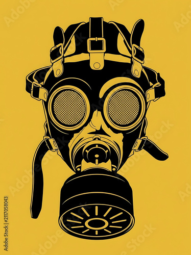 Gas mask illustration on yellow background. Protective respirator icon for survival design.