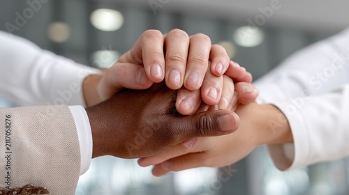 Unity and Support: A diverse group of hands clasped together, symbolizing trust, collaboration, and shared purpose in a business setting.