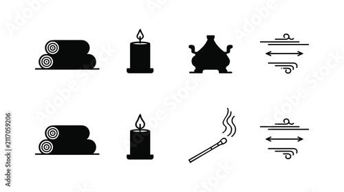 Candle silhouette vector icon set of wax lights and incense