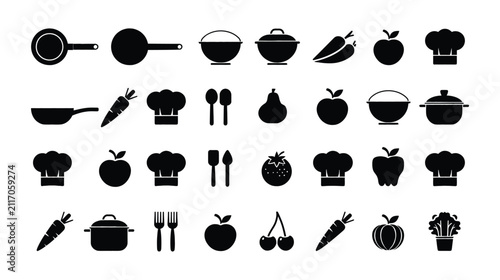 Kitchenware icon set cooking tools food equipment silhouette