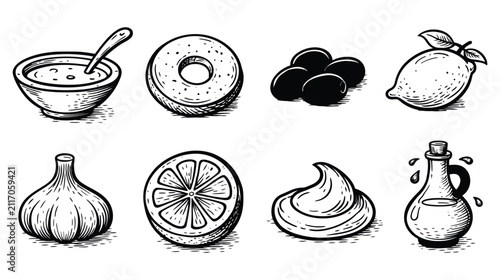 Food vector hand drawn icons of culinary ingredients and items