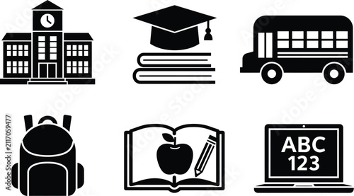 School icon vector set including education symbols and tools