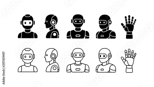 Robot and Cyborg Icon Set in Silhouette and Outline Vector Style