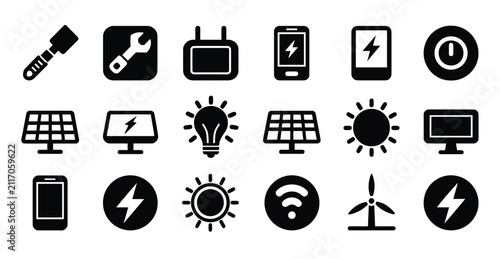 Energy icon set featuring green power and sustainable technology