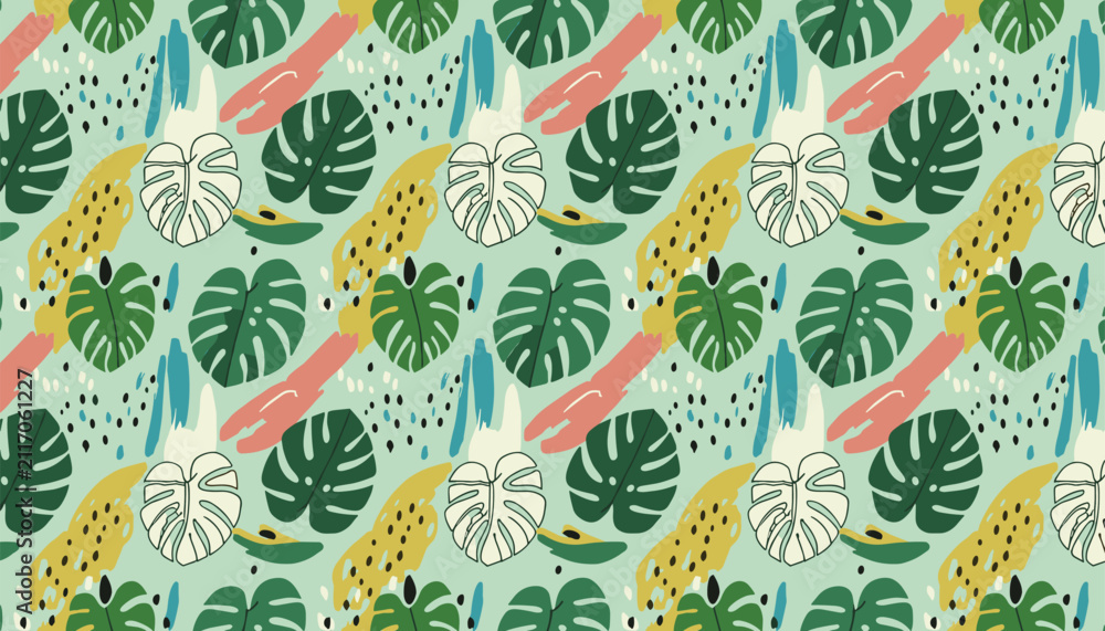 Naklejka premium Fresh mint green seamless pattern of monstera leaves with abstract brushstrokes, dots and modern textures.