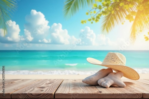 Pastel-toned beach scene on rustic wooden table, tranquil, gentle, ocean waves