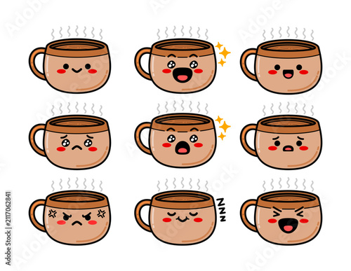 Cute coffee mugs show different emotions. Each mug has steam and smiling or frowning faces. Cute expressions include happy, surprised, angry, and tired