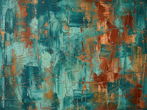 Textured abstract painting in teal and burnt orange with thick impasto strokes and metallic accents