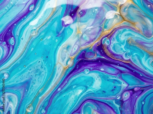 Turquoise and purple paint swirls with gold accents creating an abstract fluid art texture during studio lighting