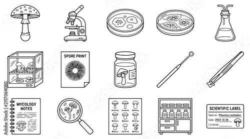 Foto Mycology laboratory equipment icons, 15 mushroom cultivation and science vector