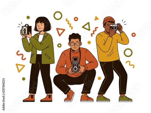 Three diverse young photographers capturing creative moments with vintage cameras in studio