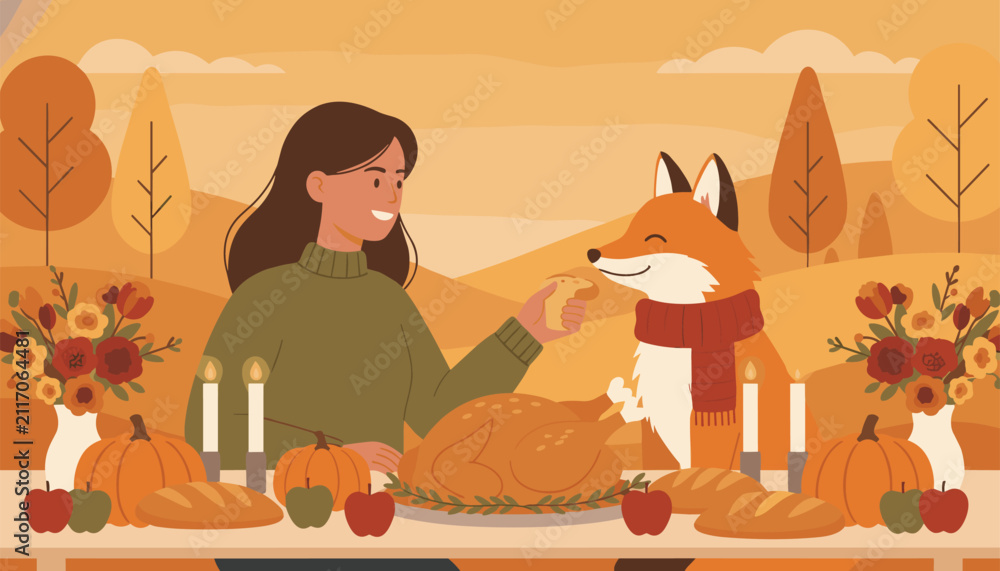 Fototapeta premium Warm Thanksgiving illustration featuring a woman feeding a piece of bread to a friendly fox wearing a scarf.