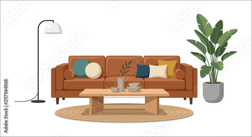 Foto Living room scene with a brown sofa floor lamp and potted plant in a vector illu