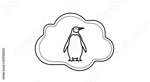 Cute Penguin Logo Icon in Cloud Shape - Black and White Outline Drawing