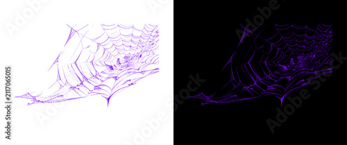 Purple spider web illustration set, glowing neon cobweb design on black and white backgrounds, spooky halloween decorative elements