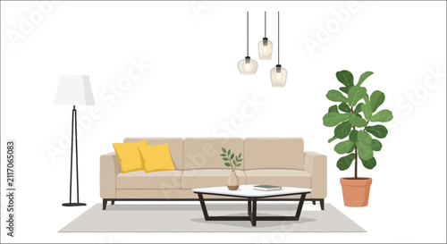 Принти на полотні Living room interior with sofa fiddle leaf fig plant and lamps a flat vector ill
