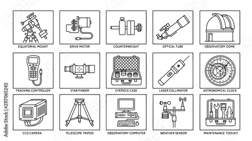 Fotografie Astronomy equipment line icons set, 15 telescope accessories and observatory too