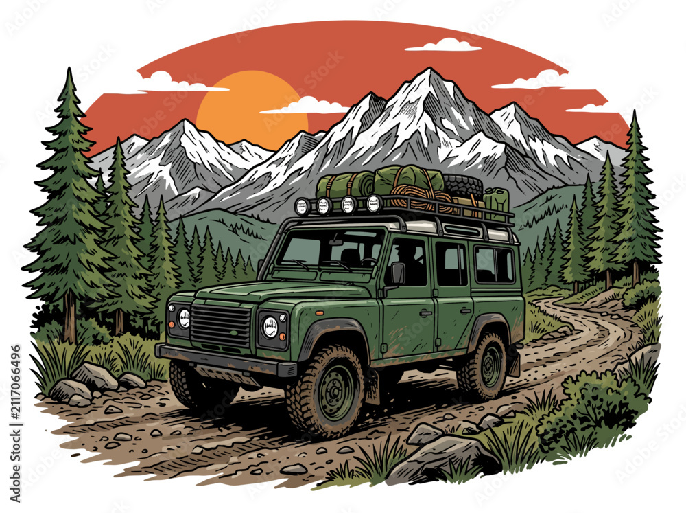 Obraz premium Green offroad car driving on mountain forest road adventure vector illustration
