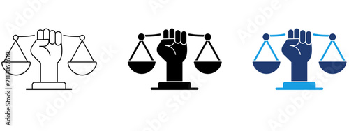 Fist holding scale of justice icon. Symbol of legal rights, human equality, social justice movement, law firm, activism, judicial balance, civil rights, advocacy and protest power.