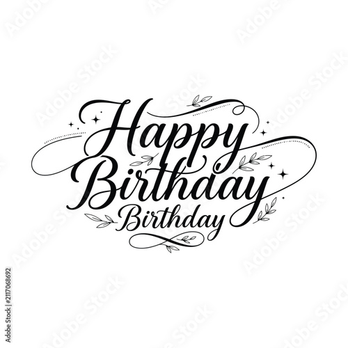 Elegant Black and White Happy Birthday Calligraphy Design with Ornamental Flourishes