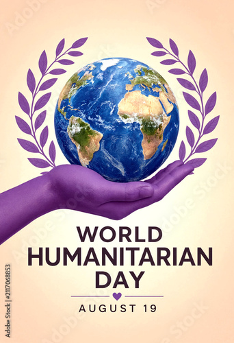 Illustration of a hand holding earth with laurel wreath for world humanitarian day celebration