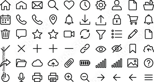 Icons set of website and application user interface symbols in black line art vector design