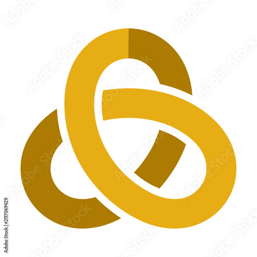 Stylized trefoil knot symbol with interlaced golden yellow and ochre bands on white, a minimalist geometric design concept